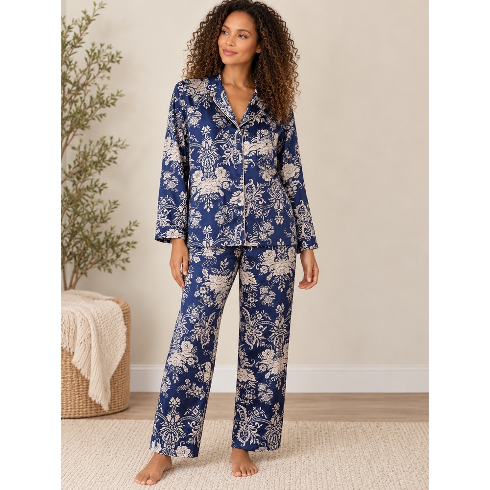Morgan Taylor Pajama Set Women Medium Blue Damask Satin Long Sleeve Button Front